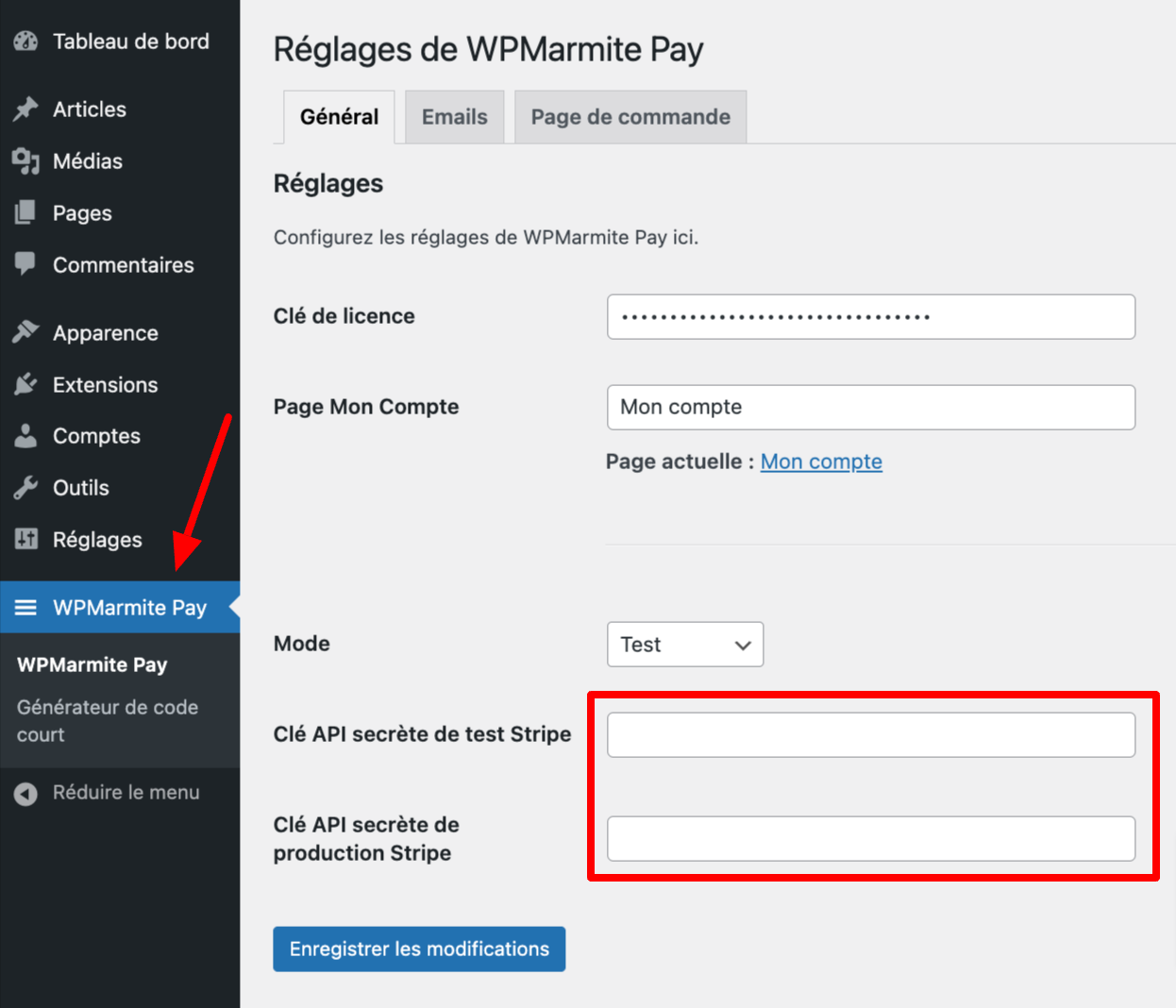 Ajout des clés API Stripe dans WPMarmite Pay